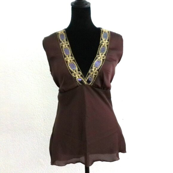 Judy Jr., Brown V-neck tank top, with golden embroidery & sequins design - Picture 1 of 8